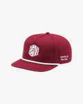 Red cap with dice design and text on the side