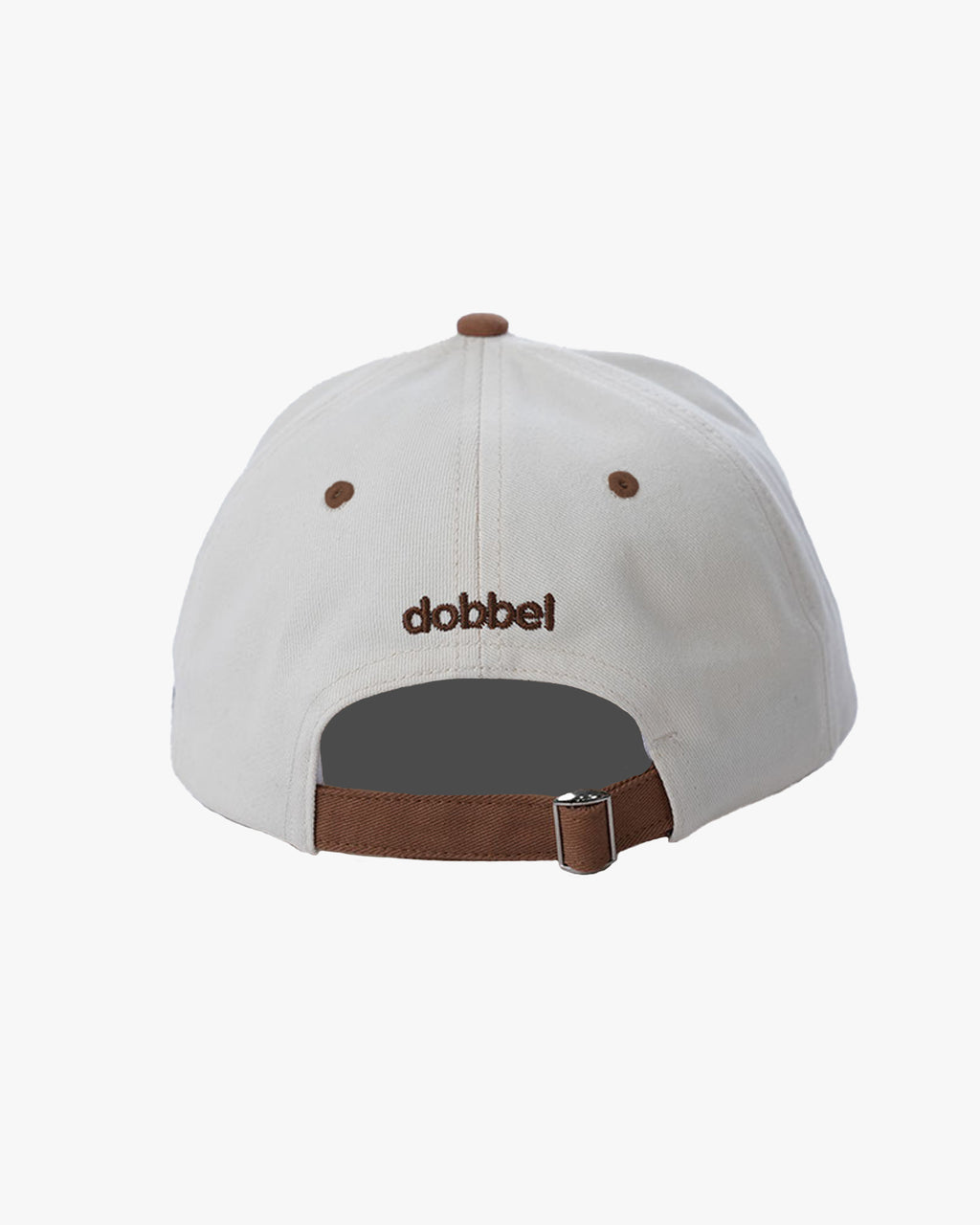 White cap with brown leather strap and 'dobbel' logo on a white background