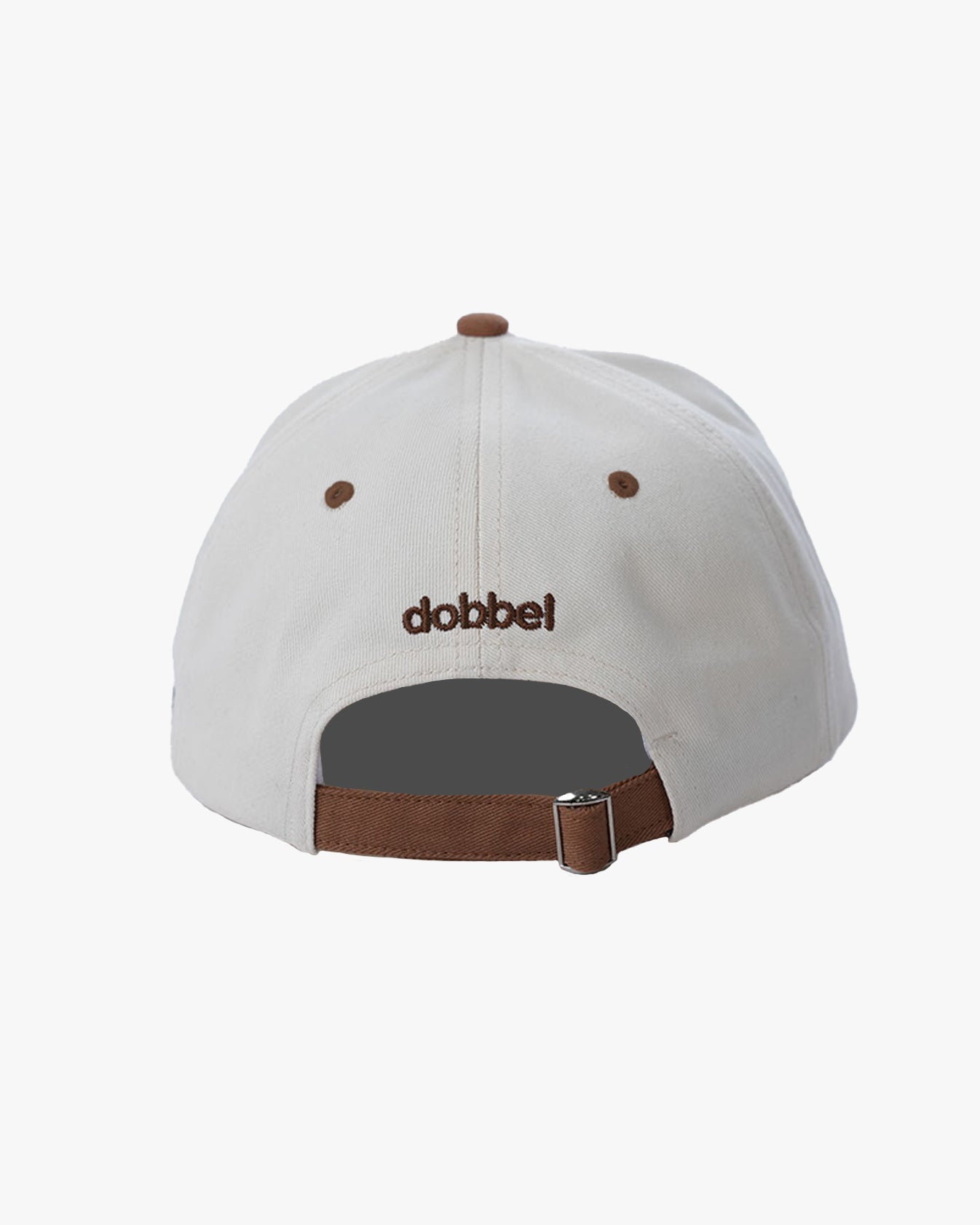 White cap with brown leather strap and 'dobbel' logo on a white background