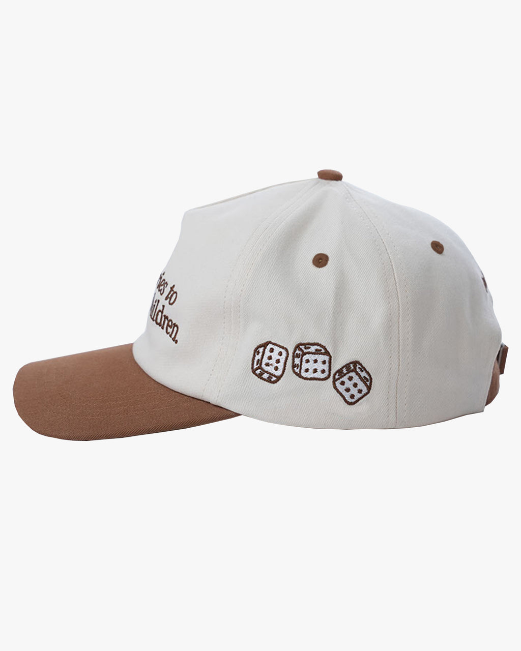 White cap with brown visor featuring dice designs and text on a white background