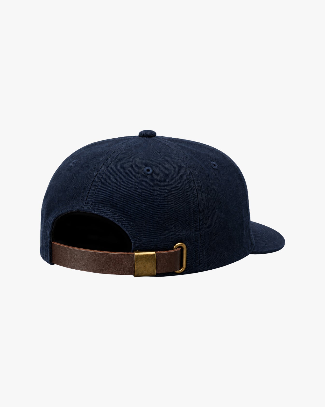 Navy blue cap with a brown strap and gold buckle