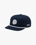Navy blue cap with dice design and text on the side