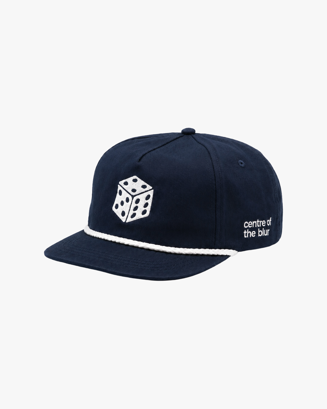 Navy blue cap with dice design and text on the side