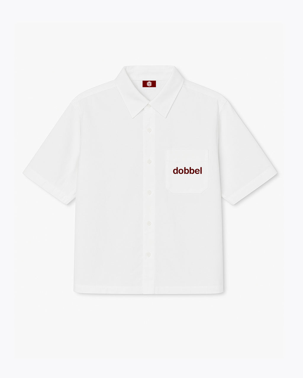 White dobbel shirt with logo on chest and woven label on the back creating stories to tell my grandchildren in red