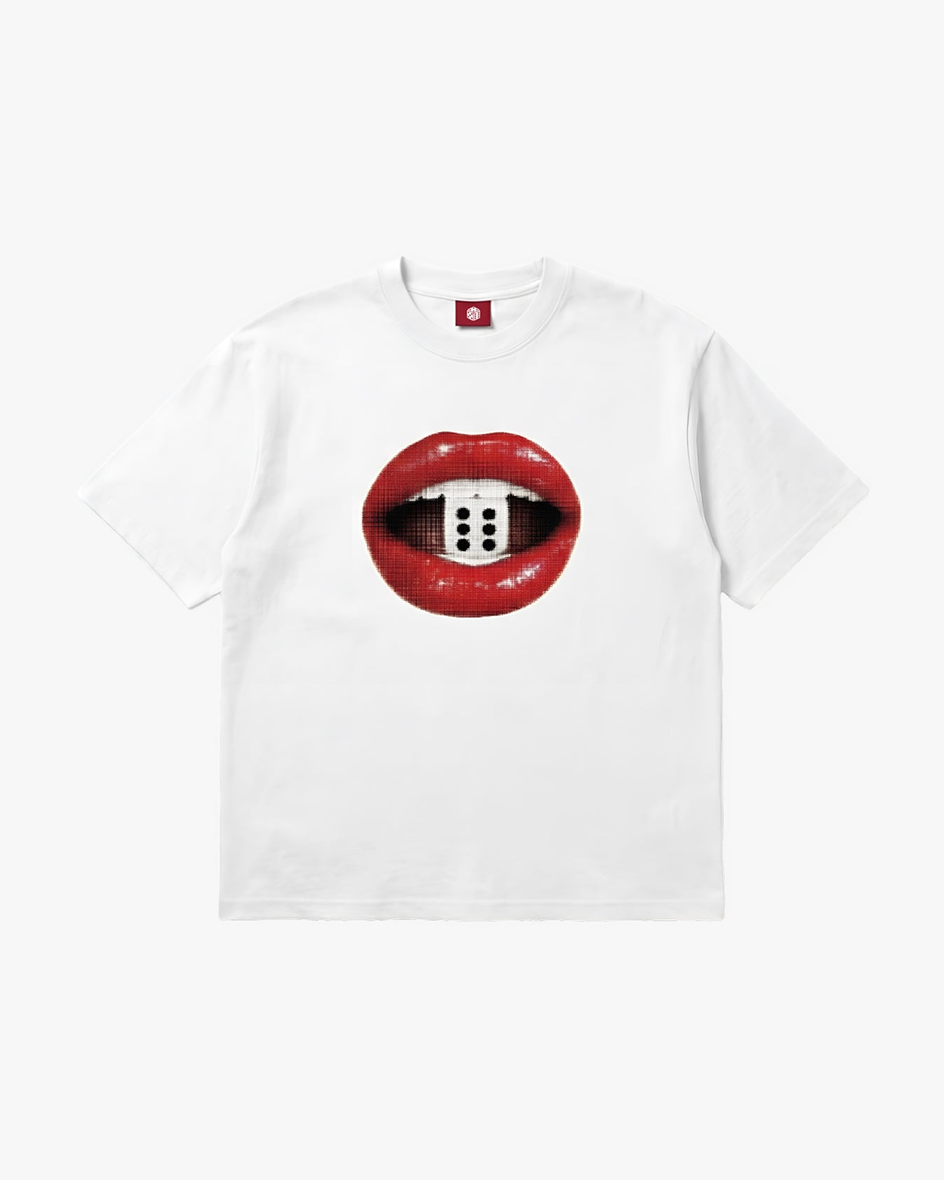 White t-shirt with a graphic of red lips